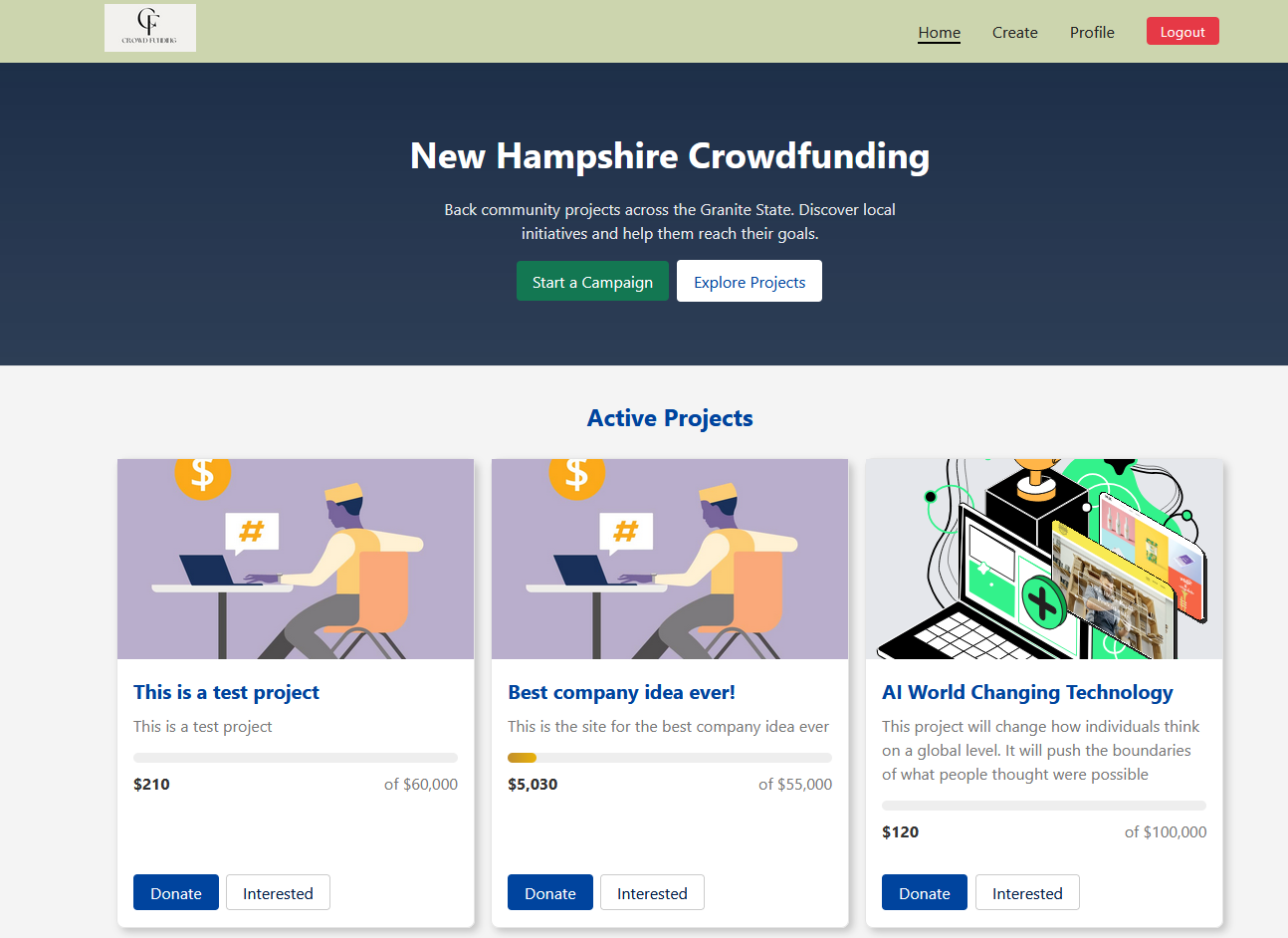 Screenshot of the New Hampshire Crowd Funding app